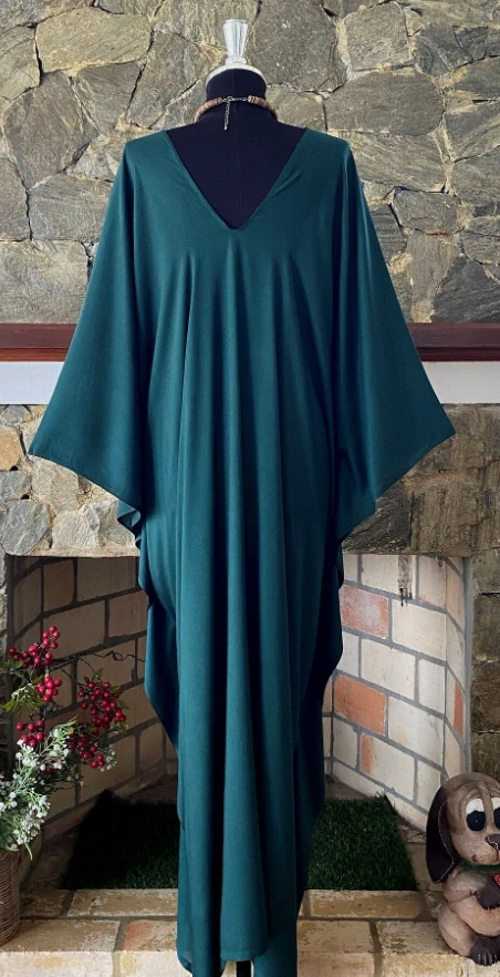 TMAVĚ ZELENÝ jednobarevný KAFTAN dlouhý (15b) - výstřih do V