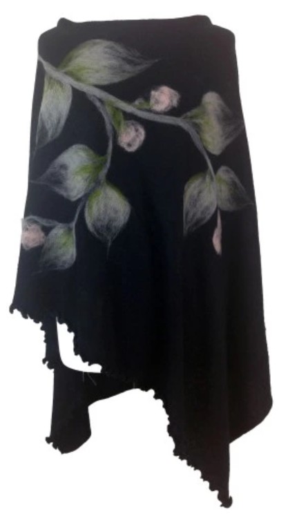 Květinové pončo + šála - ČERNÉ