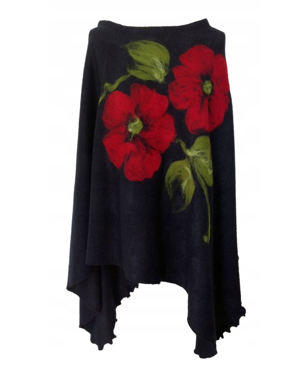 Pončo s červenými květy + šála - ČERNÉ