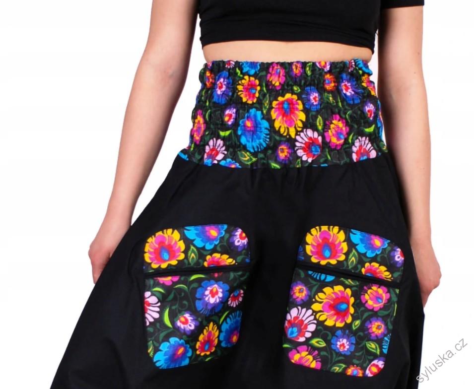 Bavlněné HAREM YOGA kalhoty ČERNÉ MULTICOLOR květinové