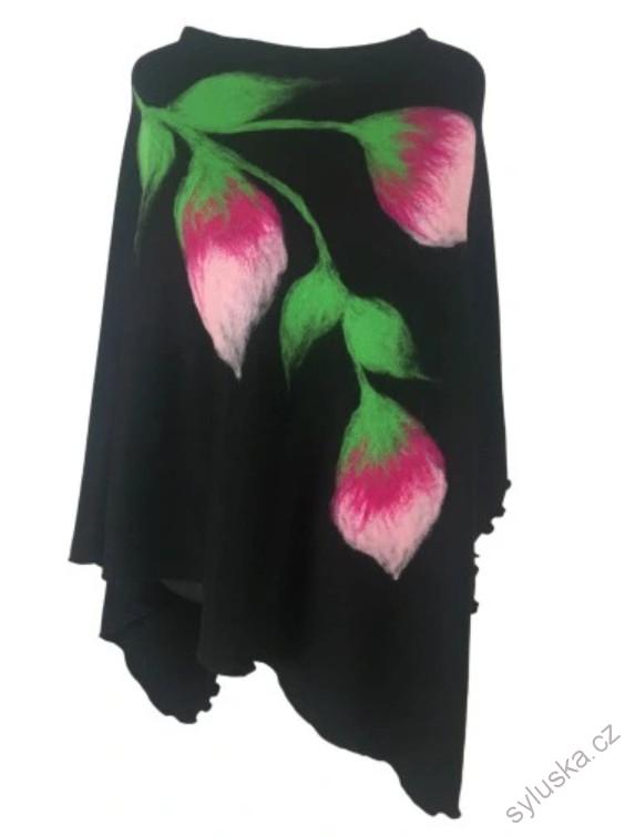 ČERNÉ pončo s fialovo-růžovými květy + šála
