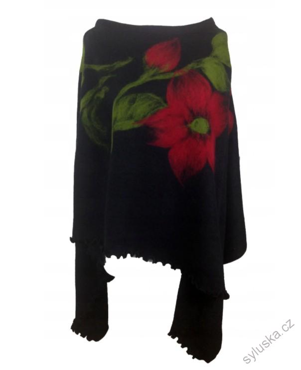 ČERNÉ pončo s červenými květy + šála