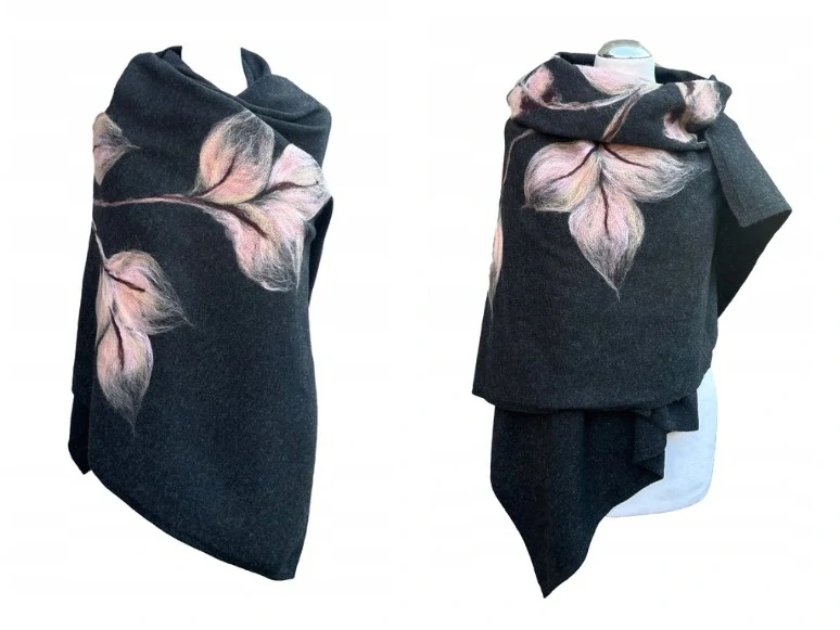 TMAVĚ ŠEDÁ vlněná ŠÁLA se vzorem