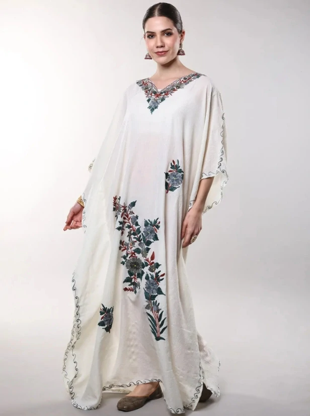 Bavlněný kaftan VIRENA s výšivkou - SMETANOVÝ