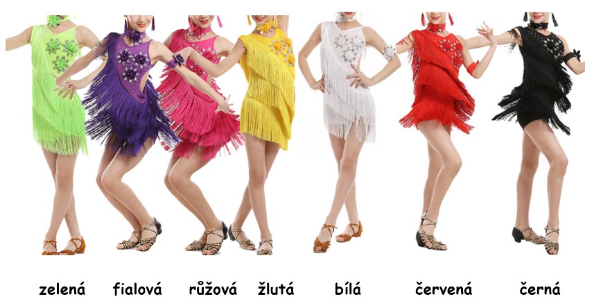 SKLADEM - Dívčí latino šaty HARPER s třásněmi - FIALOVÉ, vel. 140-150 cm