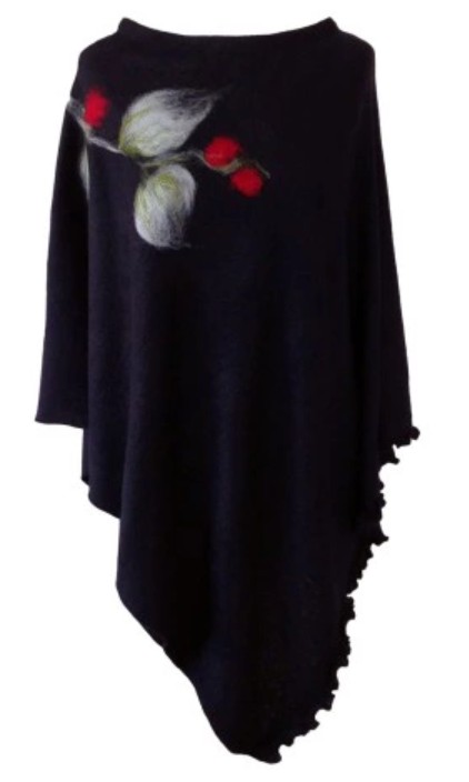 Pončo s jemným vzorem + šála - ČERNÉ