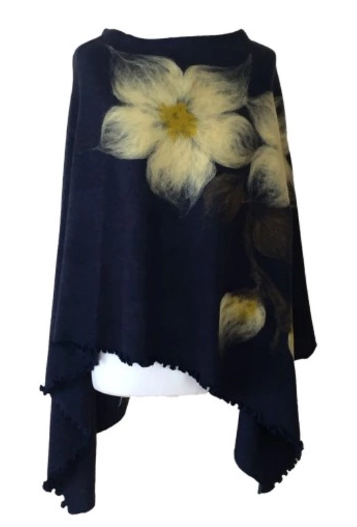 GRAFITOVĚ ŠEDÉ pončo s květy + šála