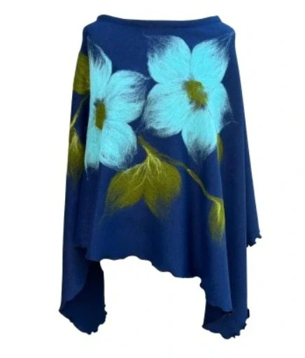 MODRÉ pončo s modrými květy + šála