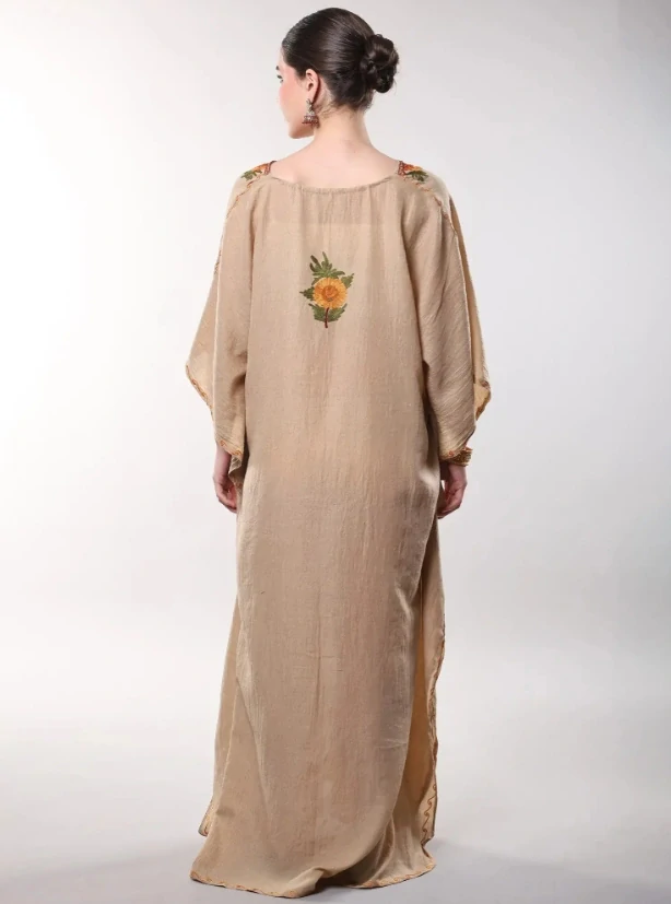 Bavlněný kaftan VIRENA s výšivkou - BÉŽOVÝ