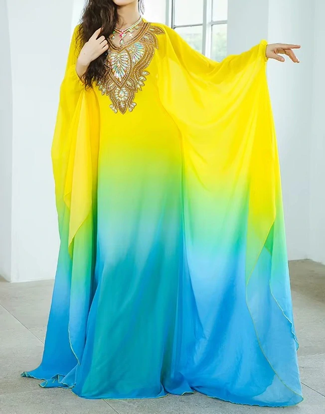 Belly dance šaty - KAFTAN - žluto-zeleno-modrý