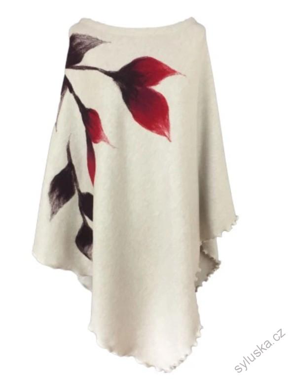 SMETANOVÉ pončo s červenými květy + šála