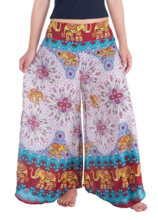 BOHO širší kalhoty AIDANY se sloníky , vel. S-XL - VÍNOVÉ