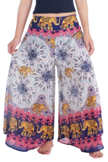 BOHO širší kalhoty AIDANY se sloníky , vel. S-XL - TMAVĚ MODRÉ