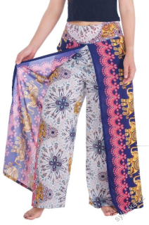 BOHO kalhoty LILIANA květinové, vel. S-XL - TMAVĚ MODRÉ