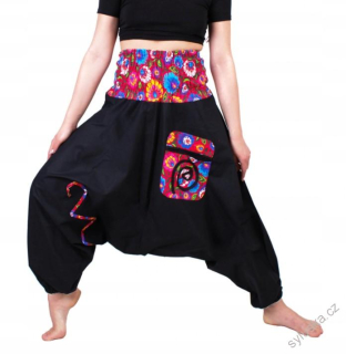 Bavlněné HAREM YOGA kalhoty ČERNO-ČERVENÉ květinové