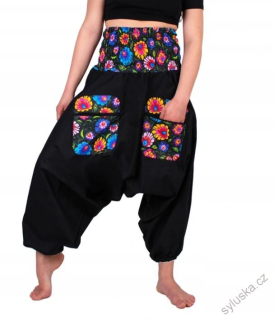 Bavlněné HAREM YOGA kalhoty ČERNÉ MULTICOLOR květinové