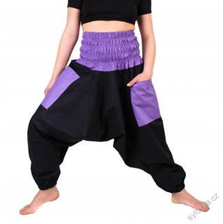 Bavlněné HAREM YOGA kalhoty ČERNÉ - S FIALOVOU