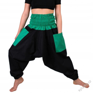 Bavlněné HAREM YOGA kalhoty ČERNÉ - SE ZELENOU
