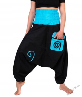 Bavlněné HAREM YOGA kalhoty ČERNÉ - S TYRKYSOVOU