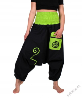 Bavlněné HAREM YOGA kalhoty ČERNÉ - SE SVĚTLE ZELENOU