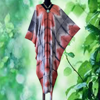 Corálový batikovaný KAFTAN dlouhý (06) - výstřih do V