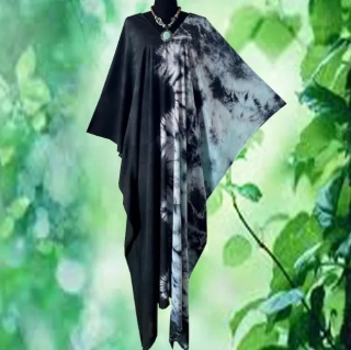 Černo-tyrkysový batikovaný KAFTAN dlouhý (20) - výstřih do V