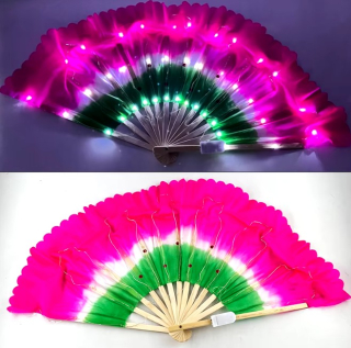 LED krátký hedvábný vějíř - RŮŽOVO-ZELENÝ (1ks pravý)