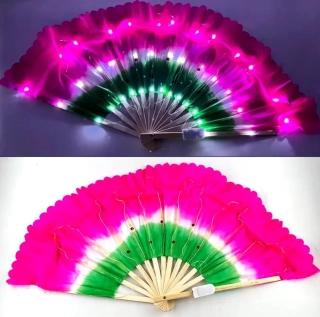 LED krátký hedvábný vějíř - RŮŽOVO-ZELENÝ (1ks pravý)