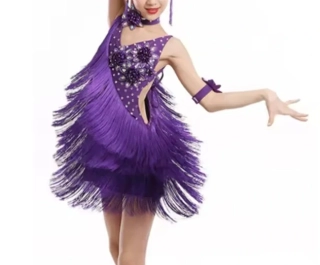 SKLADEM - Dívčí latino šaty HARPER s třásněmi - FIALOVÉ, vel. 140-150 cm