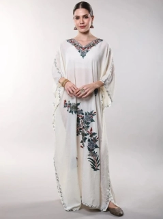 Bavlněný kaftan VIRENA s výšivkou - SMETANOVÝ