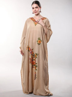 Bavlněný kaftan VIRENA s výšivkou - BÉŽOVÝ