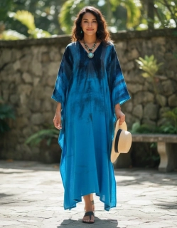 MODRÝ batikovaný KAFTAN dlouhý (01) - výstřih do V