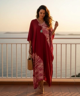 VÍNOVĚ ČERVENÝ batikovaný KAFTAN dlouhý (02) - výstřih do V