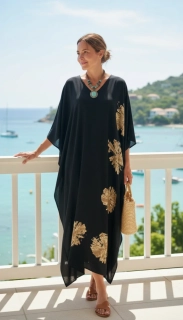 ČERNÝ batikovaný KAFTAN dlouhý (06) - výstřih do V