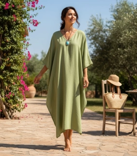 SKLADEM - SVĚTLE ZELENÝ jednobarevný KAFTAN dlouhý (15c) - výstřih do V