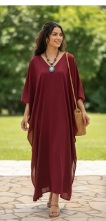 VÍNOVÝ jednobarevný KAFTAN dlouhý (15) - výstřih do V