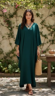 TMAVĚ ZELENÝ jednobarevný KAFTAN dlouhý (15b) - výstřih do V