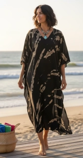 ČERNÝ batikovaný KAFTAN dlouhý (10) - výstřih do V
