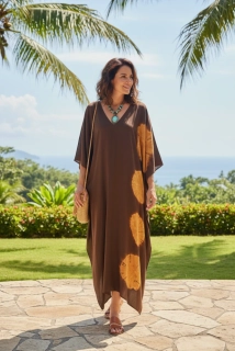 TMAVĚ HNĚDÝ batikovaný KAFTAN dlouhý (11) - výstřih do V