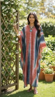 ŠEDO-ORANŽOVÝ batikovaný KAFTAN dlouhý (12) - výstřih do V