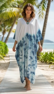 BÍLO-TYRKYSOVÝ batikovaný KAFTAN dlouhý (13) - výstřih do V