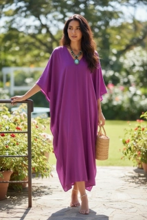 FUCHSIOVÝ jednobarevný KAFTAN dlouhý (15d) - výstřih do V